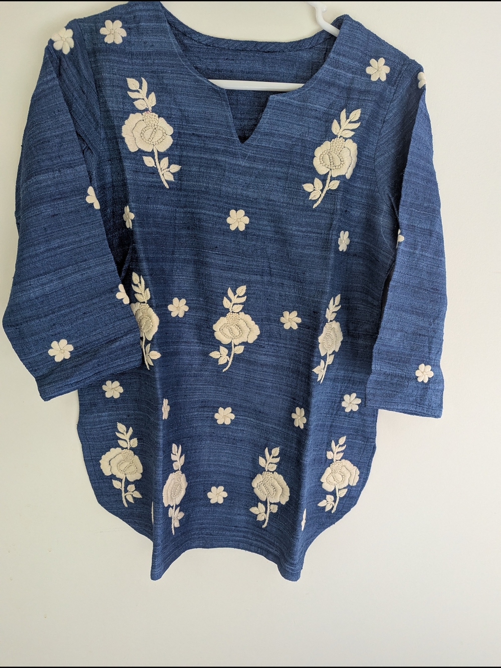 Blue Embroidered Floral Top with Cream Flower Detail
